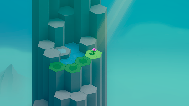 screenshot: a stout pink flower on a mountaintop, clouds and mountain peaks in the background