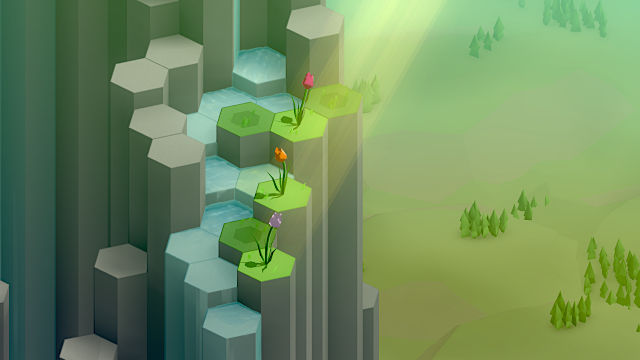 screenshot: three tulips by a waterfall, forested plains in the background