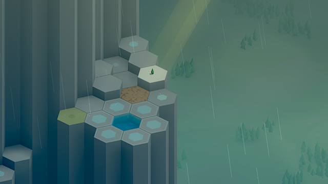screenshot: rain on a mountainside, an ungrown flower, forested plains in the background, overcast lighting