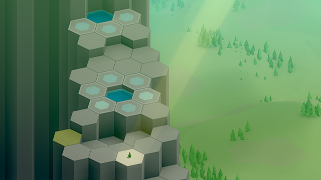 screenshot: an ungrown flower on a sunlit mountainside, forested plains in the background