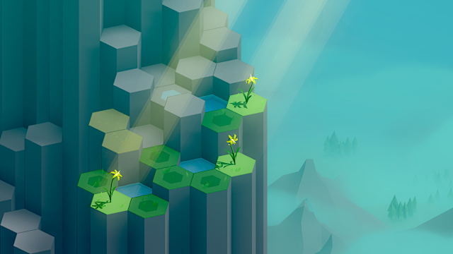 screenshot: three glacier lilies on a mountainside, clouds and mountain peaks in the background